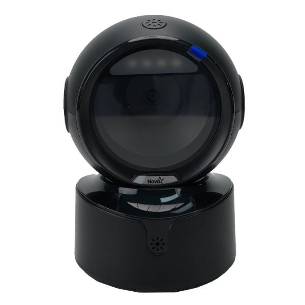 vLECTOR DE CODIGO DE BARRAS NOVA 2D USB DE ESCRITORIO (FFSA500U001C) Round dome webcam on a curved base, black color, with a blue indicator and Nova branding visible on the stand.